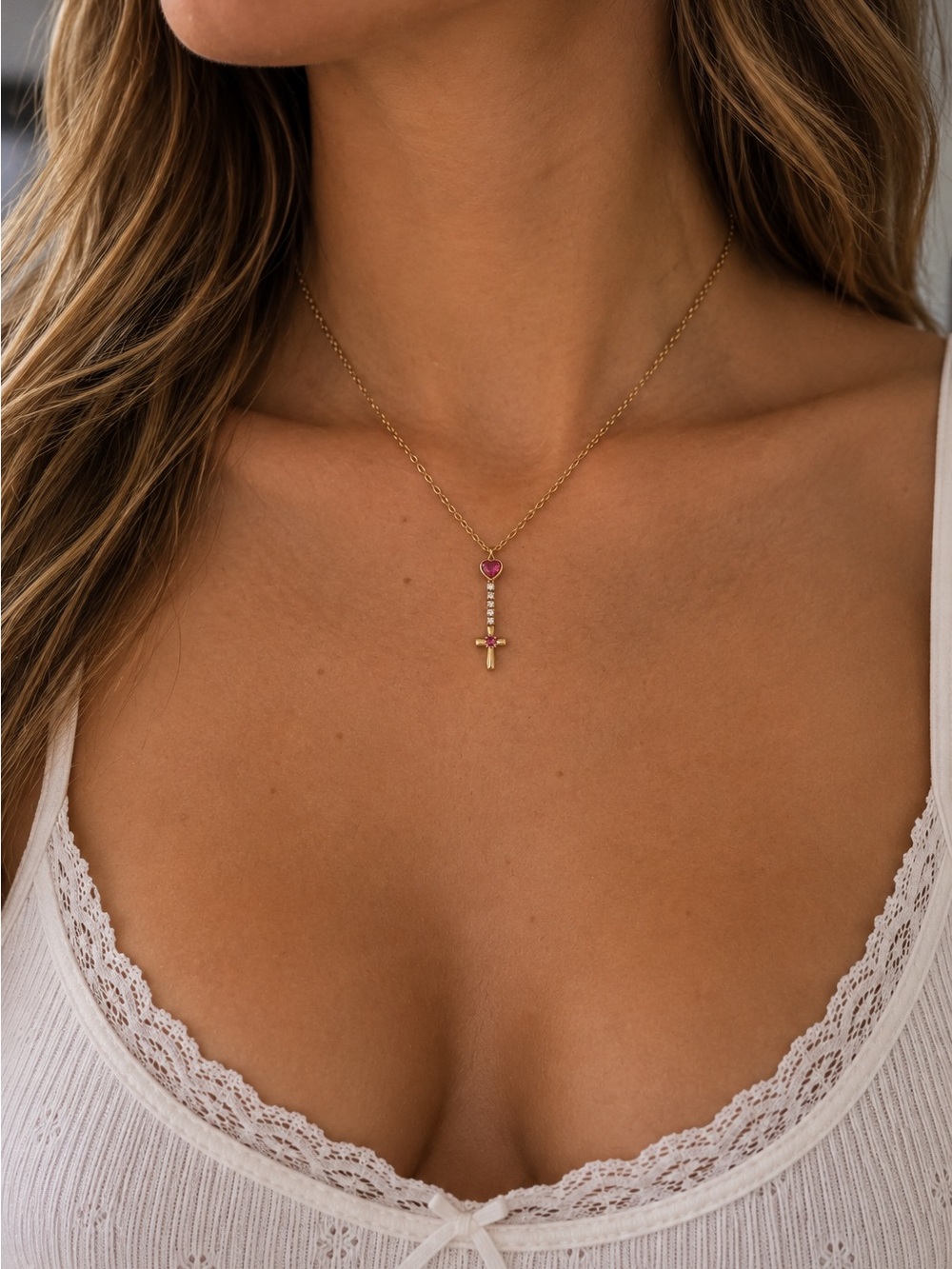 Vintage Y2K Pink Heart Rhinestone Cross Necklace Gold Tone Y Drop Pendant